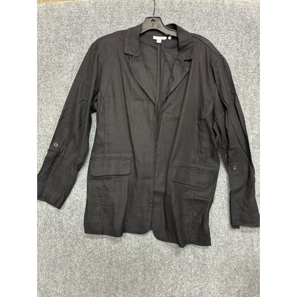 Chico's Black Linen Blend Open Front Blazer Jacket Size 2 US 12 Large